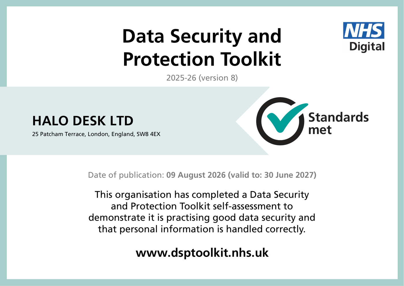 Halo Desk Ltd NHS Data Security and Protection Toolkit Standards Met certificate, 2025-26